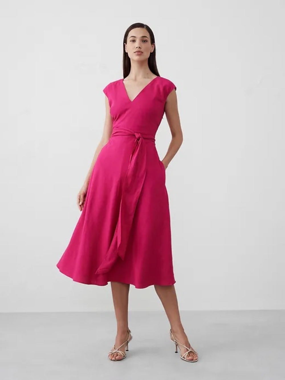 Banana Republic Fuchsia Linen V-Neck Cap-Sleeve Maxi Dress with Waist Wrap